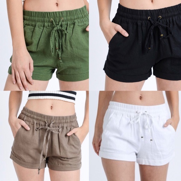 Black Linen Drawstring Stretch Waistband Shorts! - Picture 7 of 9